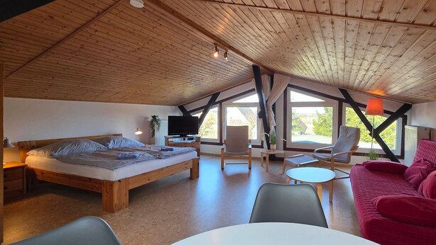 A room with a wooden ceiling, a bed, a red sofa, a TV, and a window. - Vacation apartment FR1 - "Seewohnung" - Holiday apartment "Seewohnung" with (Graal-Müritz)