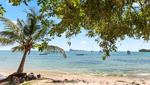 Una spiaggia con una palma, acqua cristallina e barche all'orizzonte.
