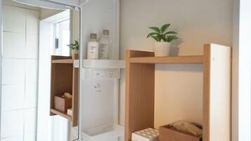 Hair dryer, bidet, towels, soap