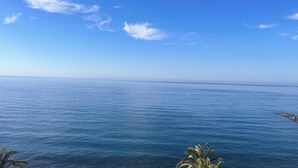 Freie Sicht auf das Meer mit einer fernen Küstenlinie und einigen Palmen.