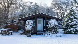 Eine Holzhütte mit verschneitem Eingang, einer Bank und einem Baum im Vordergrund, der mit Schnee bedeckt ist.