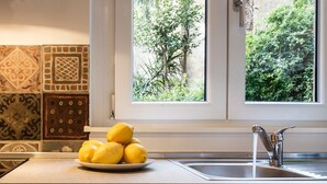 A kitchen with a sink, a window with a view of greenery, and a plate of lemons. - Santonofrio Colors - Three Bedroom Apartment, Sleeps 8 (Rome)