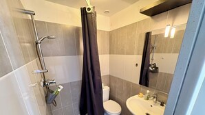 Un baño con ducha, inodoro, lavabo y espejo.