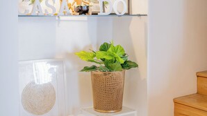 Una escala porta a un replà amb un arc de rajola a la part superior. Al replà, hi ha falgueres emmarcades, una cistella de vimet amb una planta i una estant amb objectes emmarcats i la paraula 'CASA'.