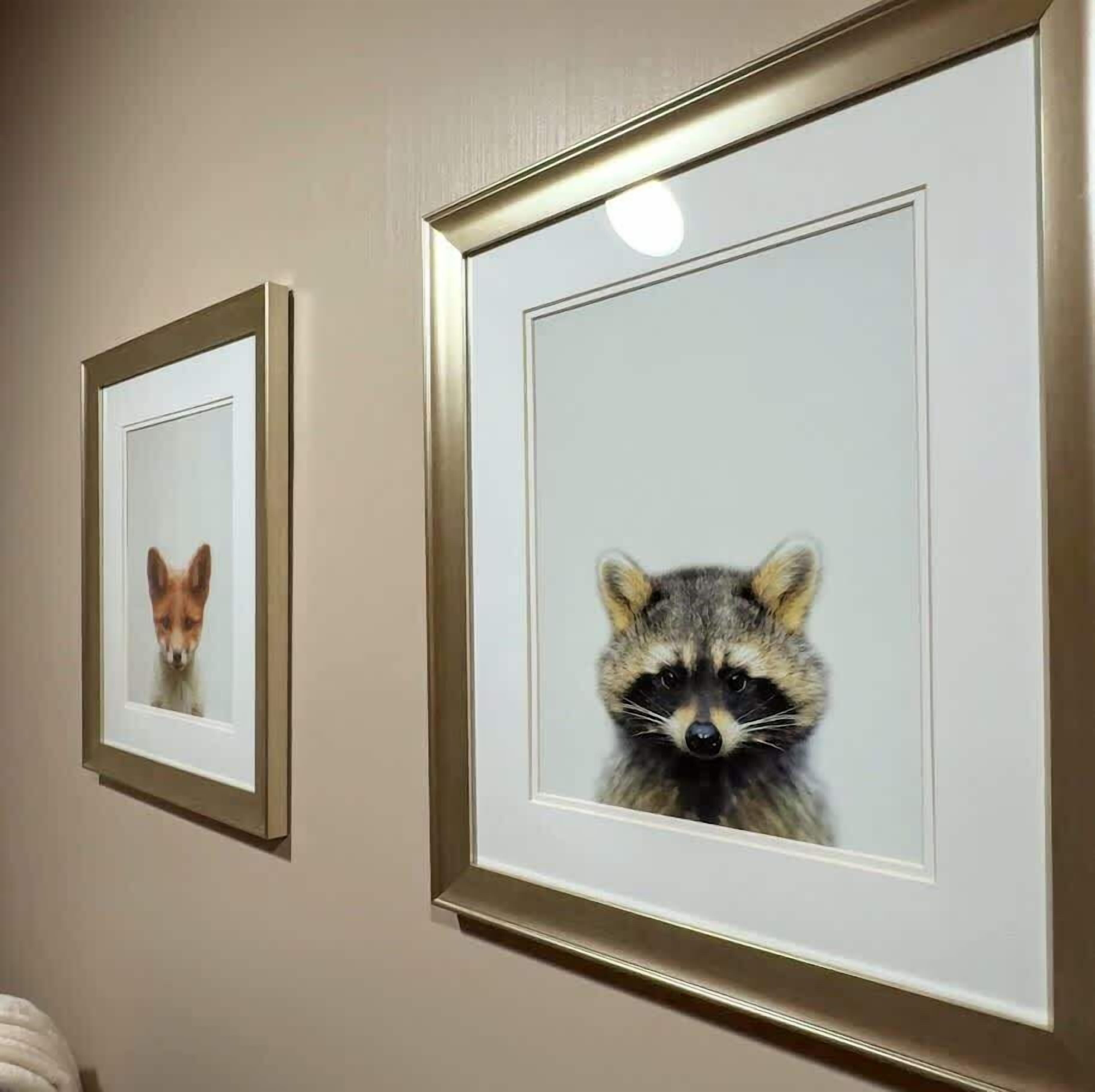 Due quadri raffiguranti animali appesi a una parete.