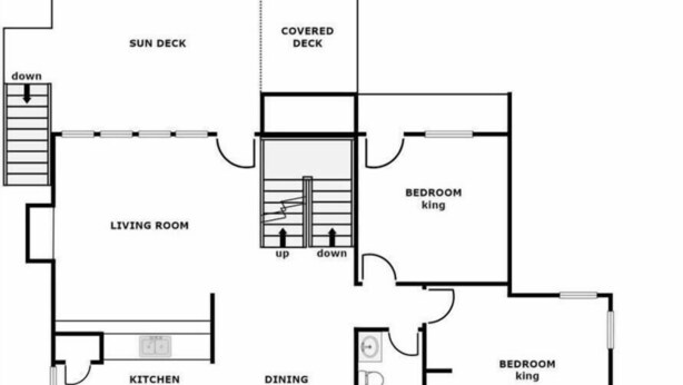 Grundriss eines Objekts in der 2622 S. Shore Drive, mit Wohnzimmer, Küche, Essbereich, zwei Schlafzimmern, einer überdachten Terrasse und einer Sonnenterrasse.