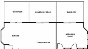 Plano de planta que muestra una terraza con sol, un porche cubierto, comedor, sala de estar, cocina y un dormitorio con cama tamaño queen.