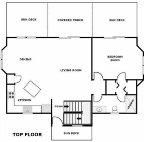 Grundriss mit Sonnendeck, überdachter Veranda, Essbereich, Wohnzimmer, Küche und Schlafzimmer mit Queensize-Bett.