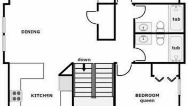 A floor plan with a sun deck, living room, dining area, kitchen, and two bedrooms labeled king and queen. - What A View: Oceanfront 6-bedroom home in Surf City perfect for families. (Surf City)