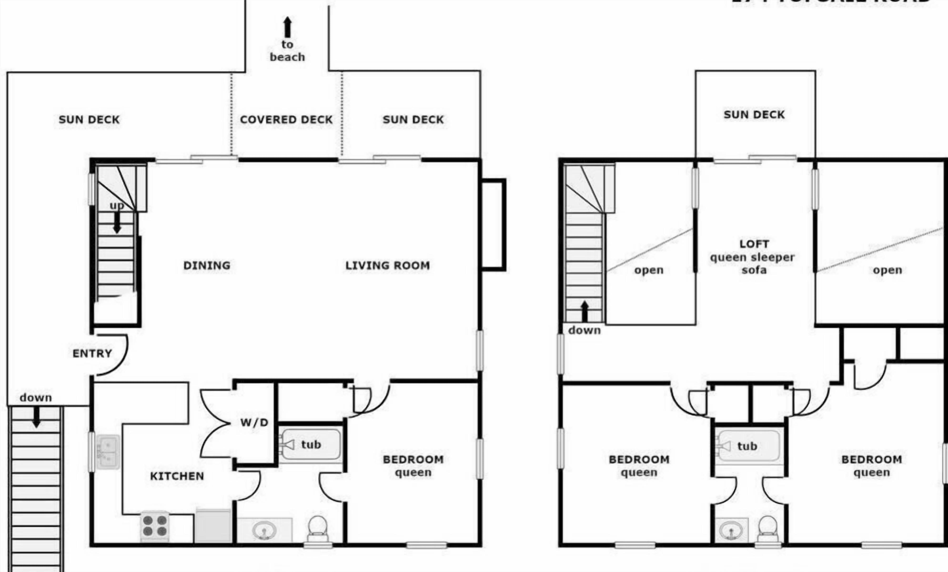 A floor plan with a sun deck, covered deck, dining area, living room, kitchen, and two bedrooms with a queen-sized bed and a tub.