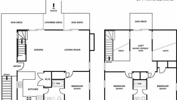 Grundriss mit Sonnendeck, überdachtem Deck, Essbereich, Wohnzimmer, Küche und zwei Schlafzimmern mit Queensize-Bett und Badewanne.