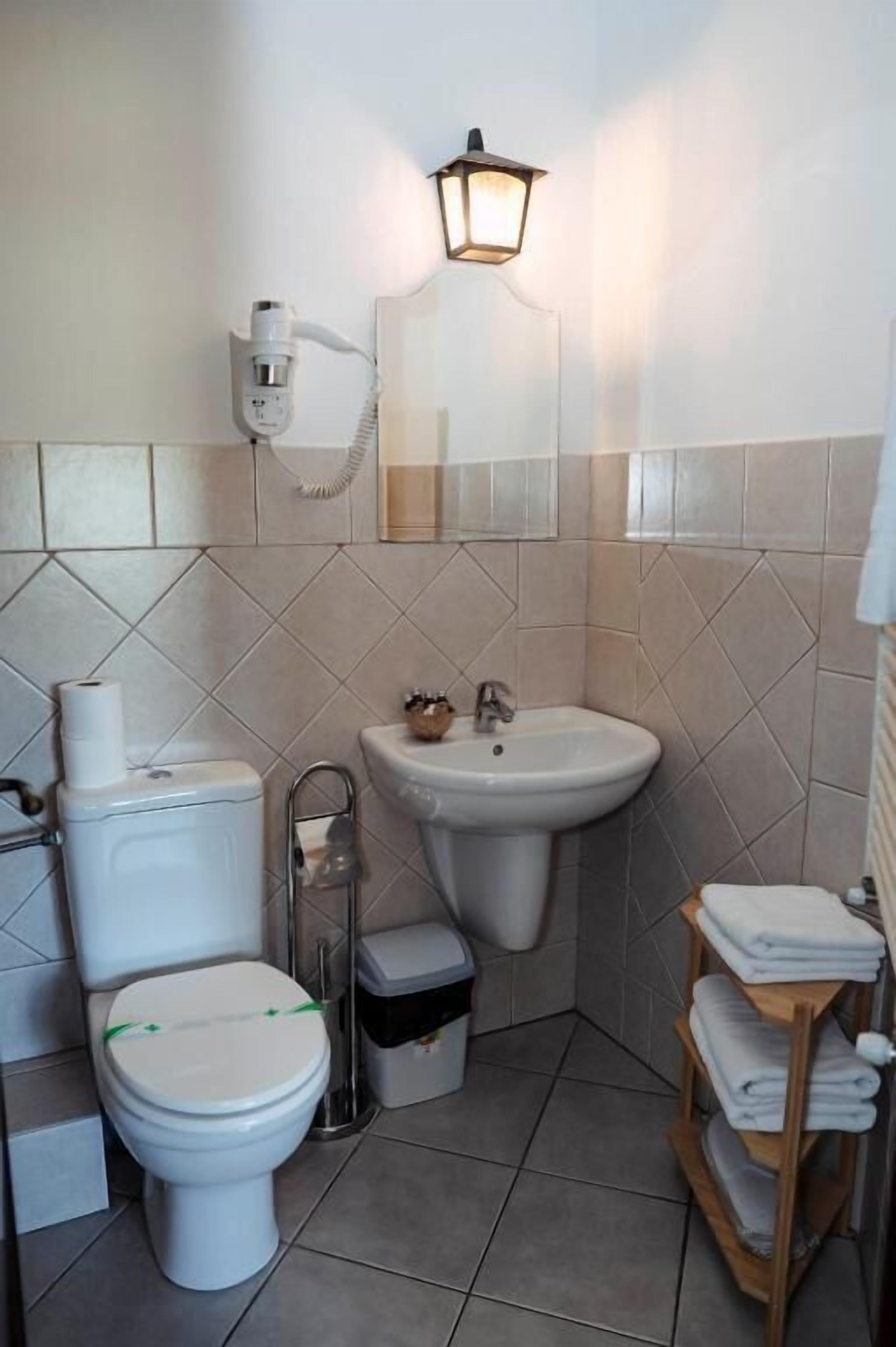 A bathroom with a toilet, sink, and a mirror.