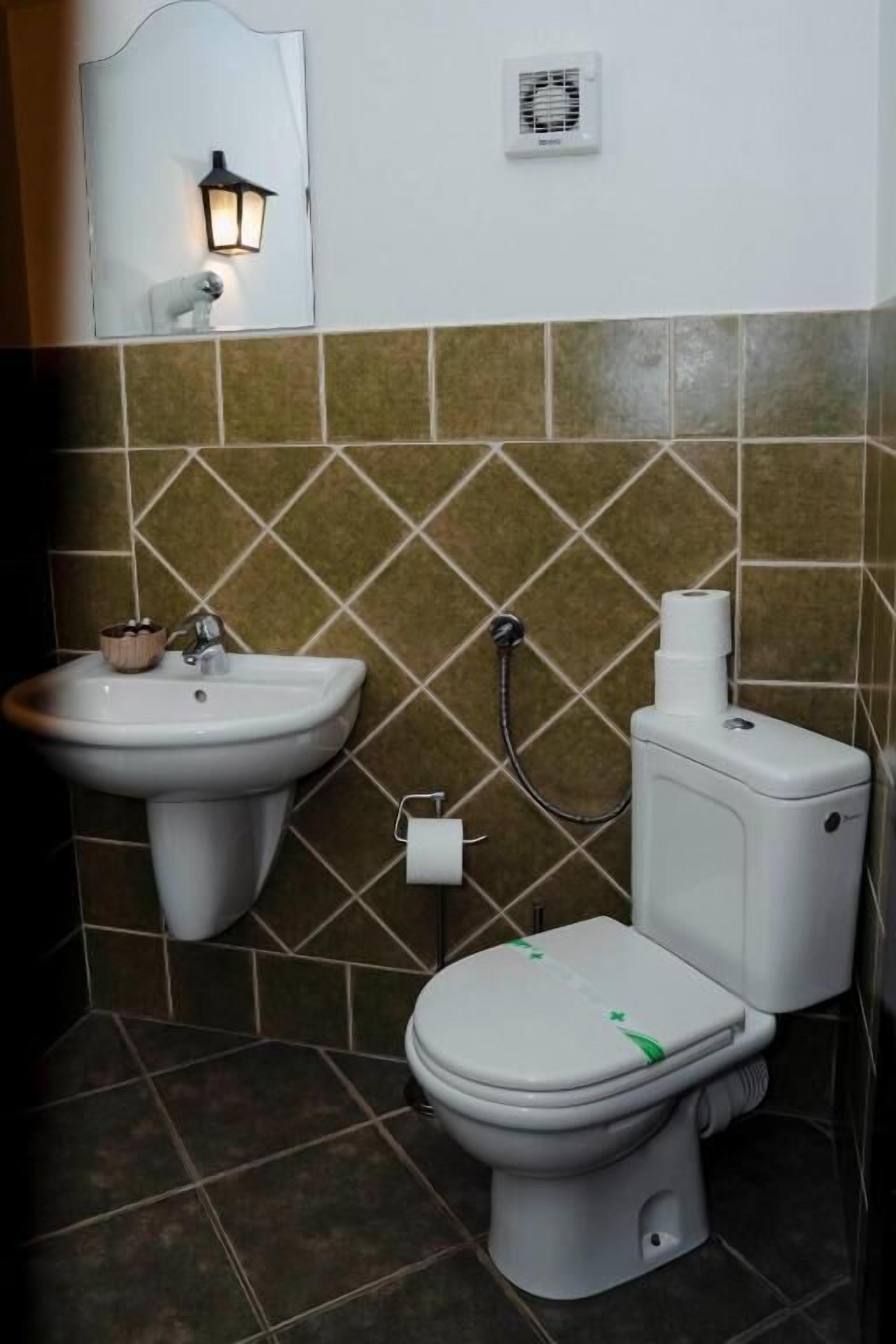 Een badkamer met een wastafel, toilet en een spiegel met een wandlamp.