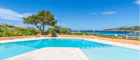 A swimming pool with a clear view of the sea and a tree in the background.