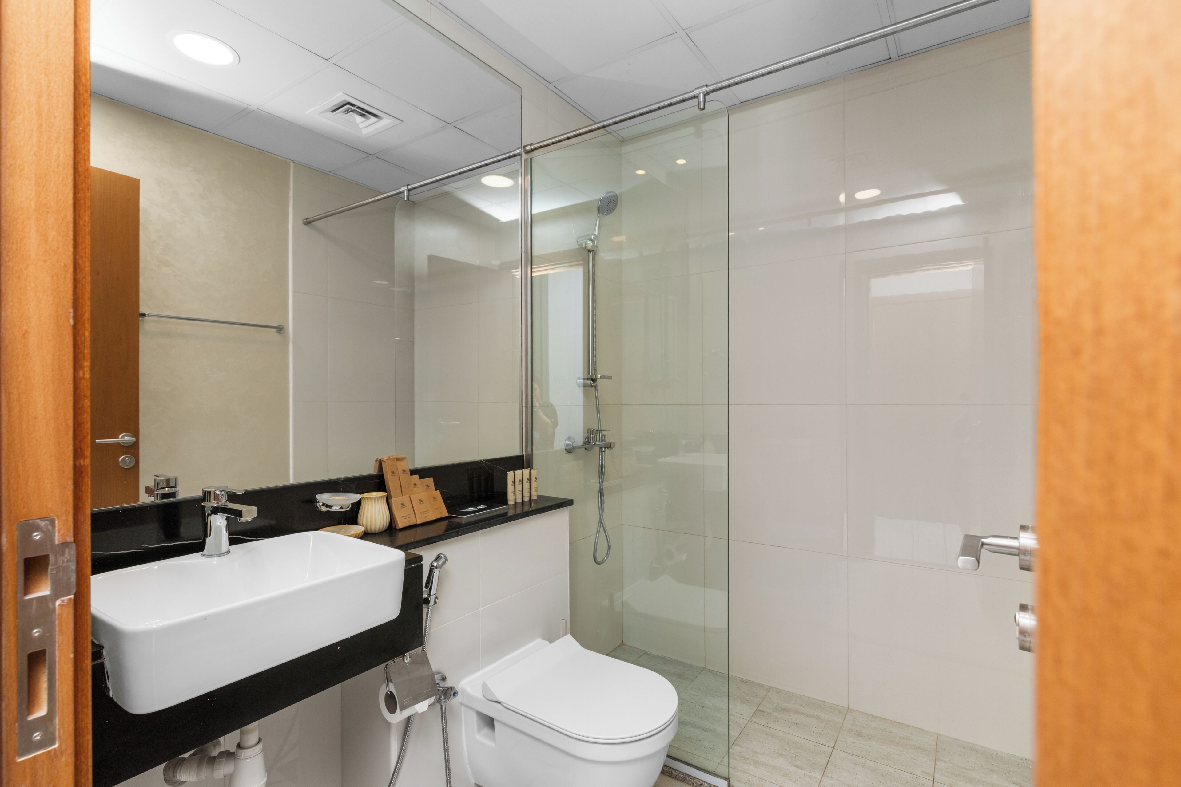 Un baño con ducha de vidrio, un lavamanos blanco y un inodoro.
