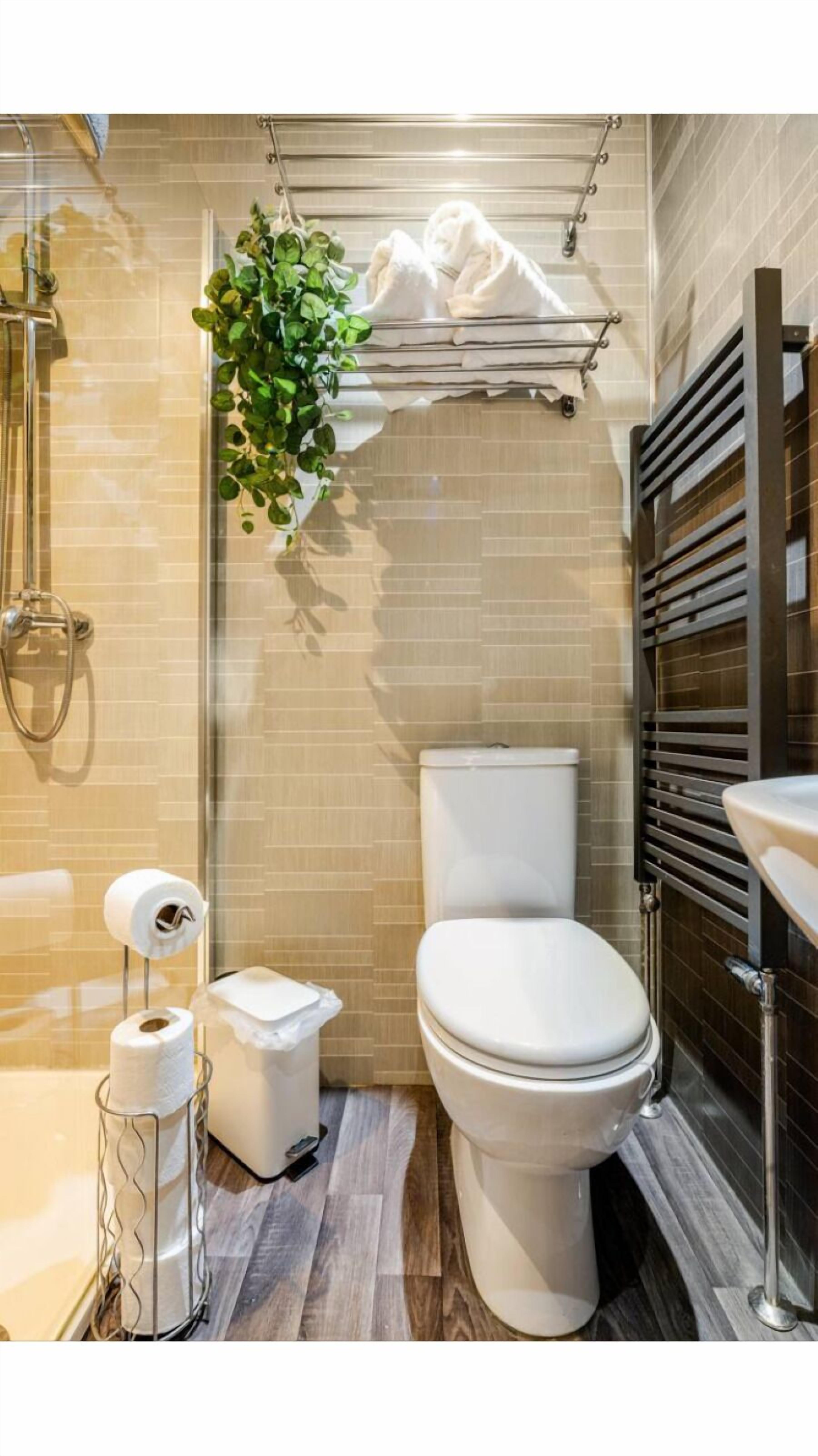 Shower, hair dryer, towels, shampoo