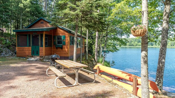 Una cabaña de madera con una mesa de picnic y bancos junto a un lago.