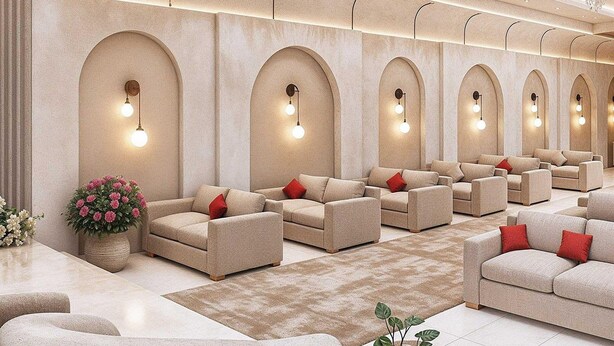 A spacious lobby with multiple seating areas, arched wall designs, and modern lighting fixtures. - Palette Convention Hotel Millennium (Gurugram)