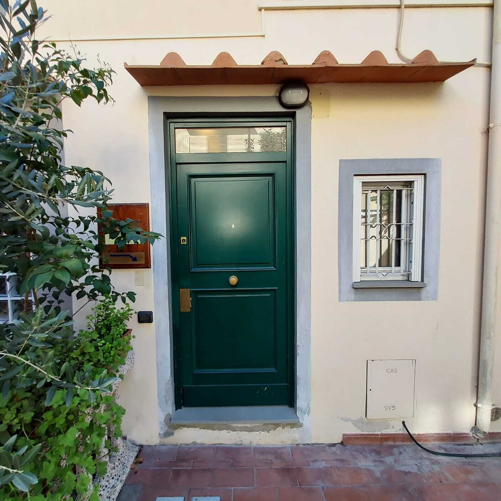 Una puerta verde con un pequeño ventanal arriba, un buzón y un medidor de gas en la pared.