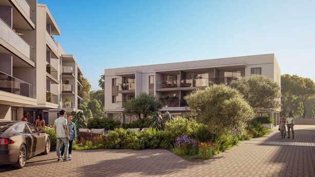 A modern multi-story building with balconies, a paved courtyard, and surrounding greenery. - Sanders Salt - Chic 1-bedroom Apartment With Balcony (Asomatos)