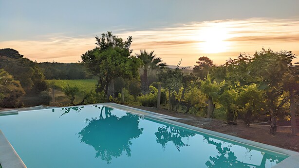 Piscina con vista despejada a los árboles circundantes y un atardecer de fondo.