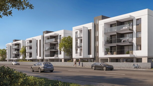 A modern apartment building with balconies, a street, and cars. - Sanders Salt - Dreamy 1-bedroom Apartment With Balcony (Asomatos)