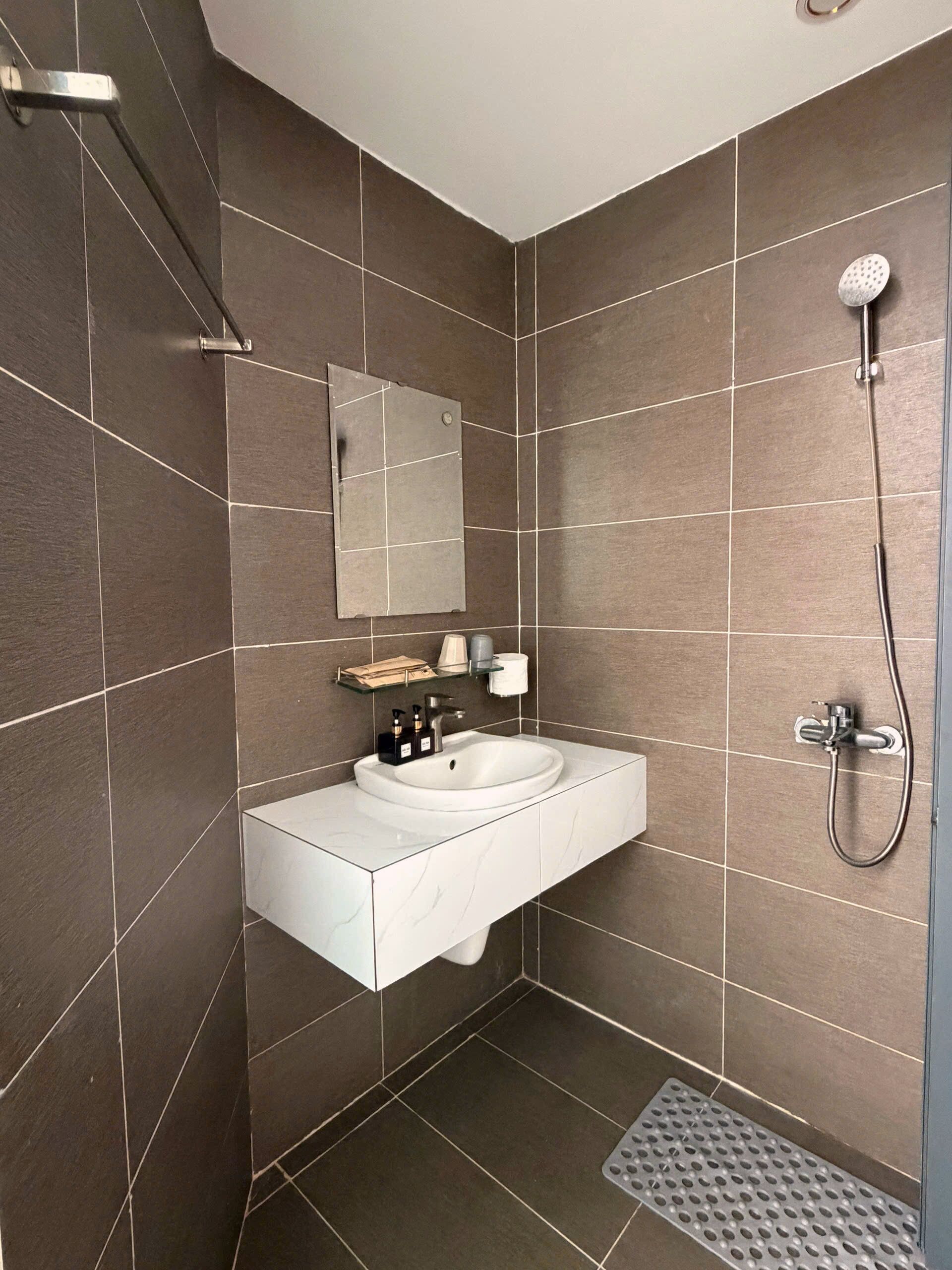 A modern bathroom with a white sink, a handheld showerhead, and a rectangular mirror.