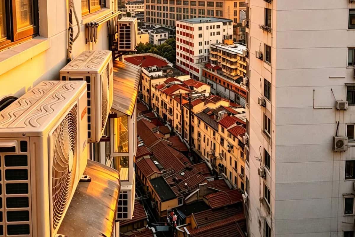 Un paisaje urbano con edificios modernos, incluyendo un rascacielos distintivo con un diseño único.