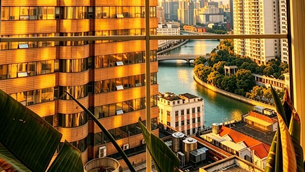 A high-rise building with a river view, modern architecture, and a clear sky. - Pine  Cedar Suites Hua Xiao Ye (Shanghai)