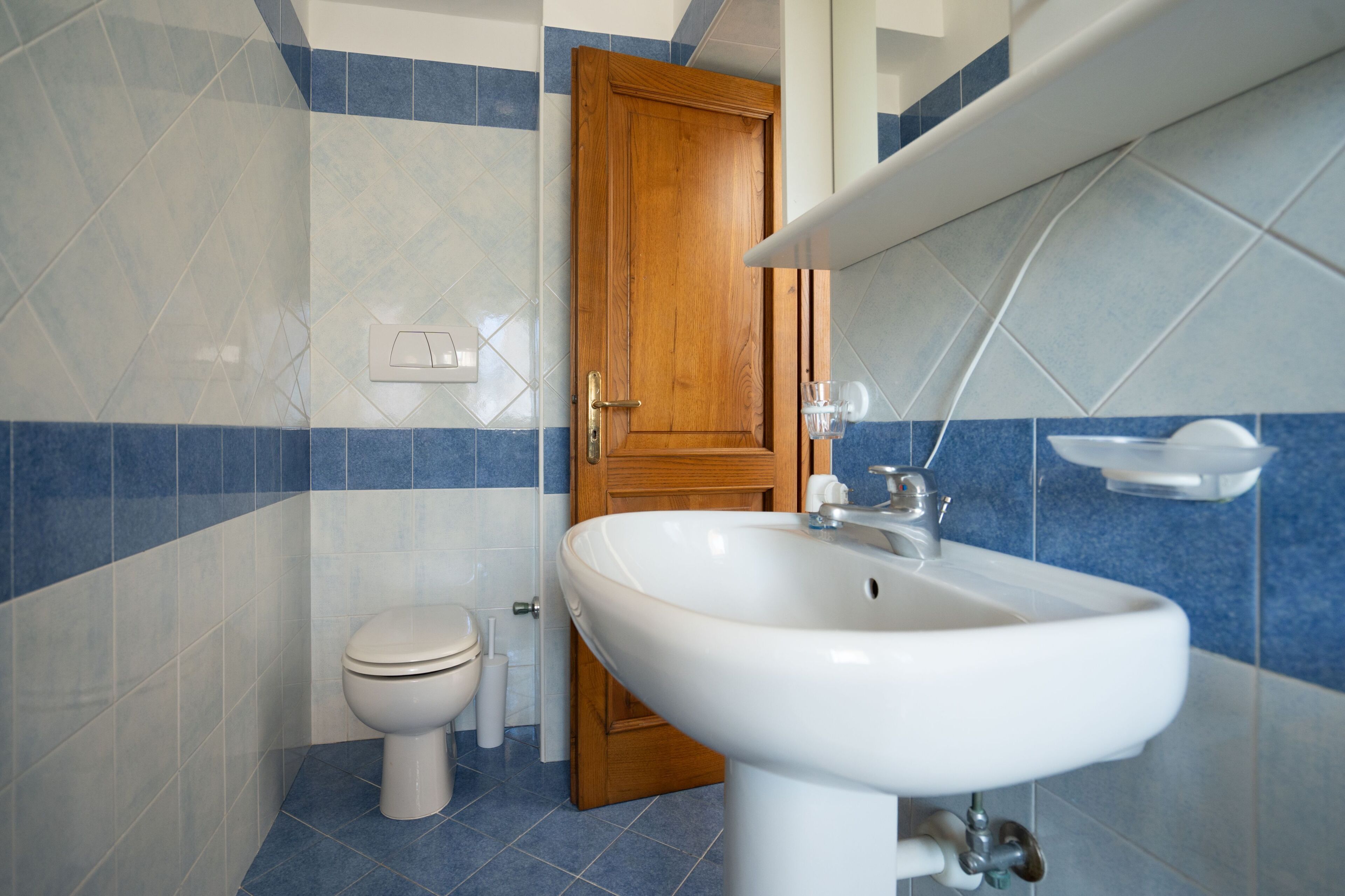 A bathroom with a toilet, a sink, and a wooden door.
