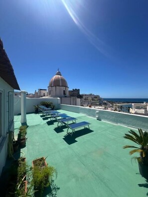 Eine Dachterrasse mit Liegestühlen, einer Palme und einem Kuppelgebäude im Hintergrund.