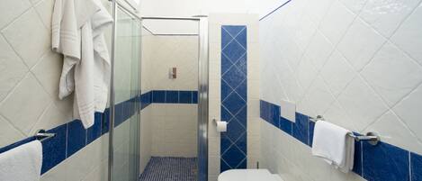 A bathroom with a glass shower enclosure, a toilet, and a sink.
