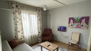A living room with a sofa, a coffee table, a TV, and a painting on the wall. - kasapoglu ceren pansiyon  (Bursa)