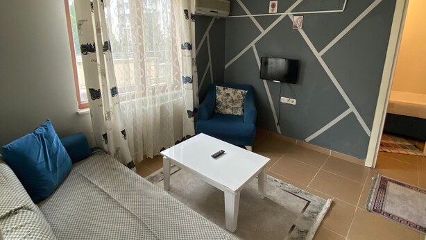 A living room with a sofa, a coffee table, a blue armchair, a TV, and a ceiling light. - kasapoglu ceren pansiyon  (Bursa)