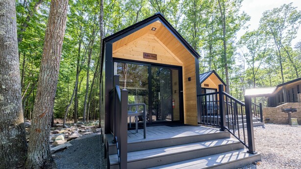 A cabin with a wooden exterior, a glass door, and a small porch with steps. - Glamping at Four Fillies Lodge-The Friar Tuck (Peterstown)