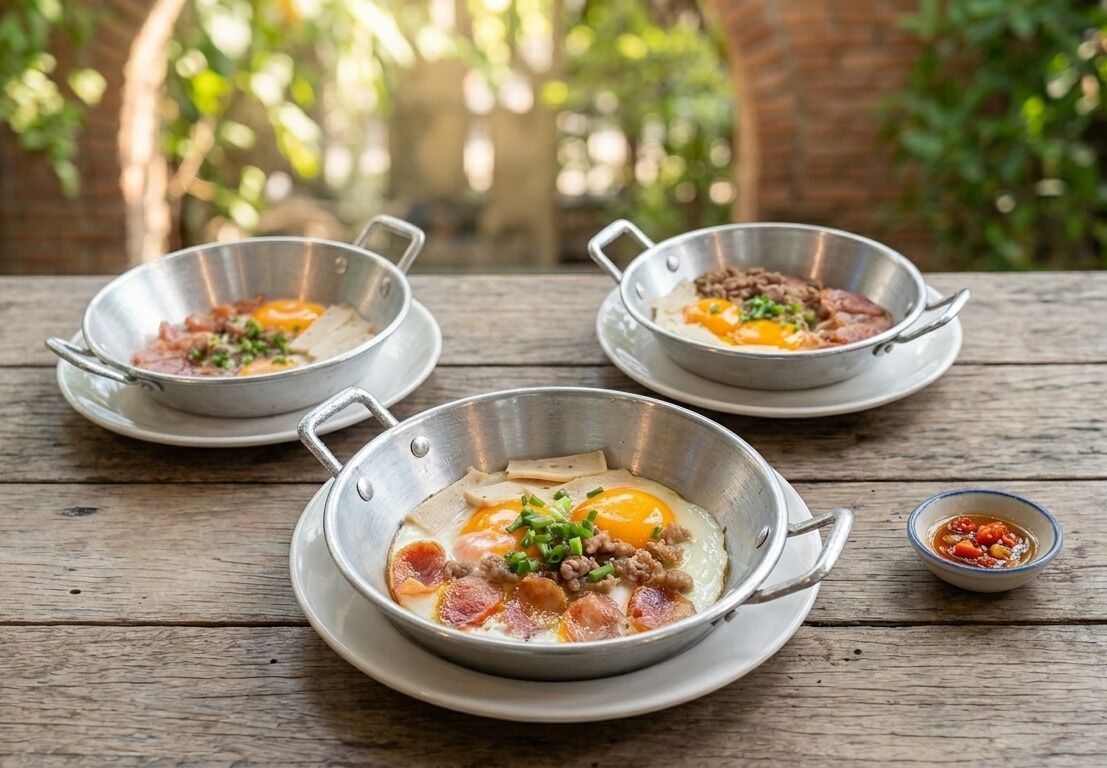 Three metal bowls with food on a wooden table.