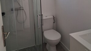 Een badkamer met een glazen douchecabine, toilet en wastafel.