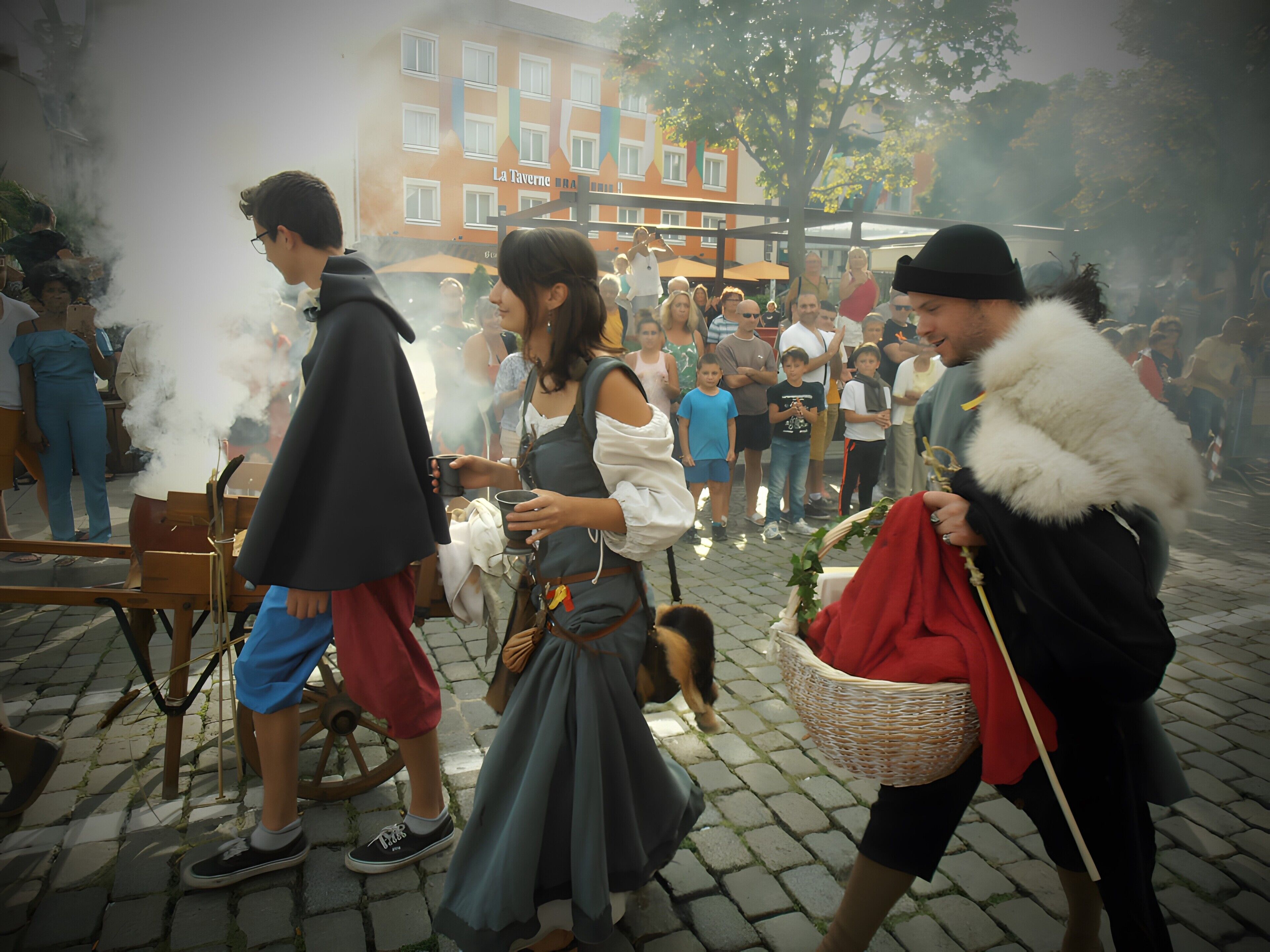 A cobblestone street with a crowd, a building with a sign 'La Taverne,' and a person carrying a basket.