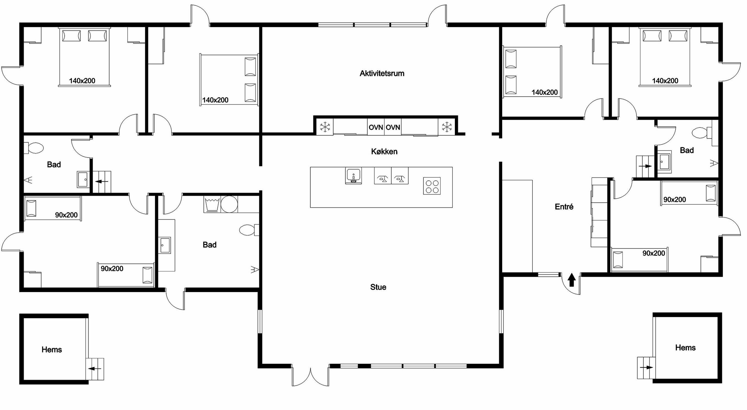 A hotel floor plan with multiple bedrooms, a kitchen, a bathroom, and a dining area.