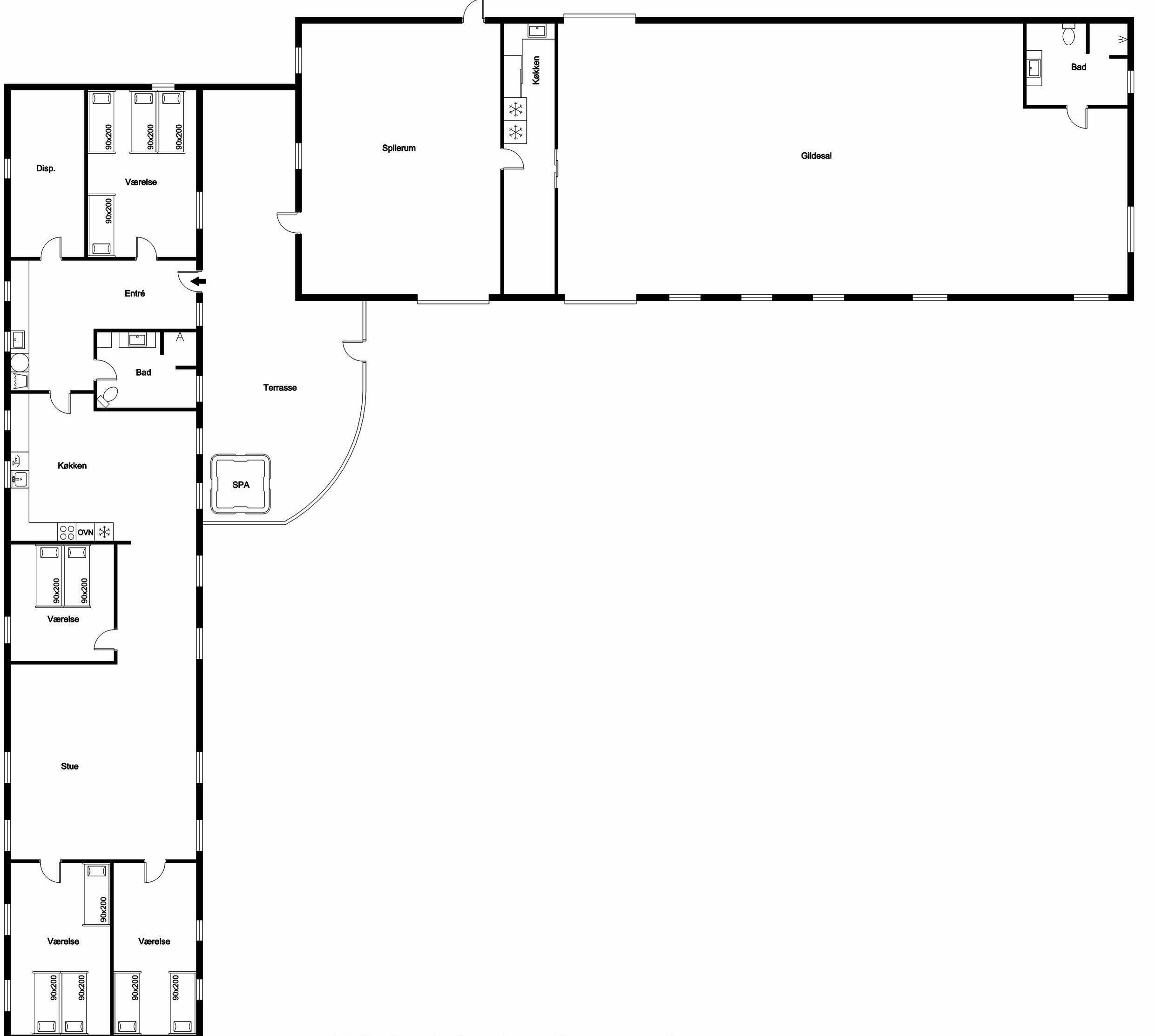 Ein Hotelgrundriss mit mehreren eigenen Bädern, einem Spa und einem großzügigen Speisesaal.