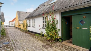 A cobblestone street leading to a row of traditional buildings with a green door marked '3'.