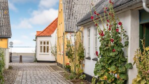 A cobblestone street with buildings, a clear sky, and a body of water in the distance.