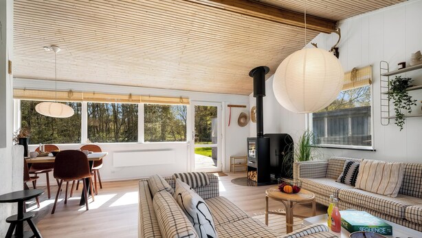 Een moderne woonkamer met een bank, eettafel en een open haard.