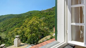 A balcony with a view of a green hillside, a white door, and a small concrete structure.