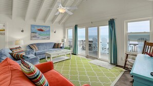 A spacious living room with a ceiling fan, a large window with a view of the beach, and a sliding glass door leading to an outdoor deck. - Livin' On A Prayer - Charming 3 bedroom oceanfront cottage (North Topsail Beach)