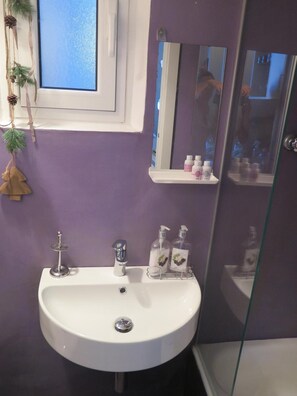 Ein Badezimmer mit einem weißen Waschbecken, einem Spiegel und einem Ablagefach für Pflegeprodukte.