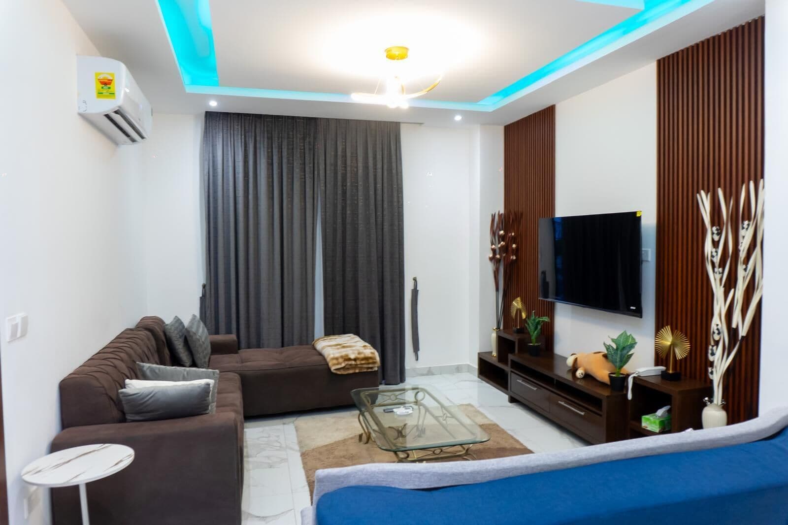 Una sala moderna con sofá, mesa de centro, televisor y plantas decorativas.