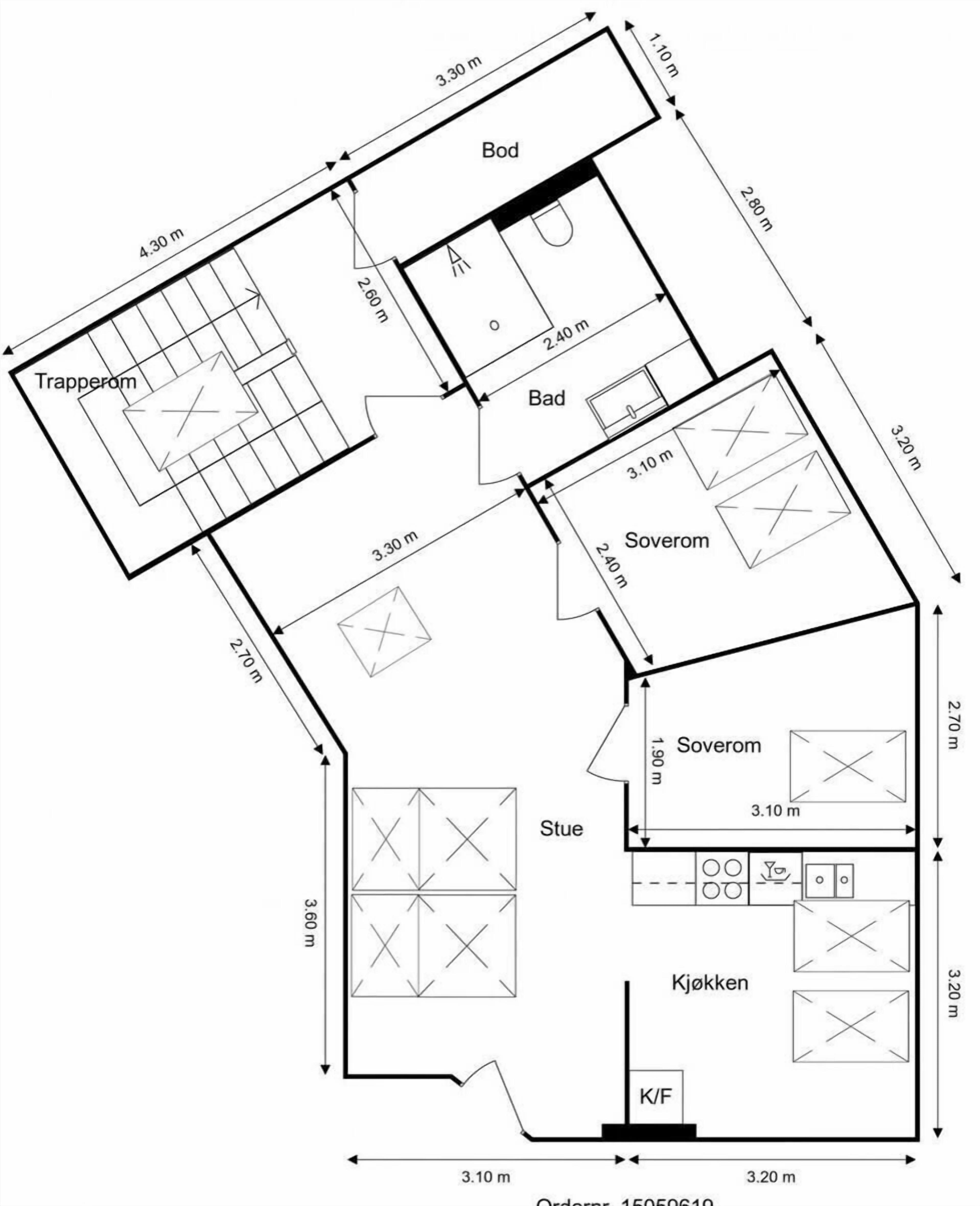 A floor plan with a kitchen, dining area, and two bedrooms.
