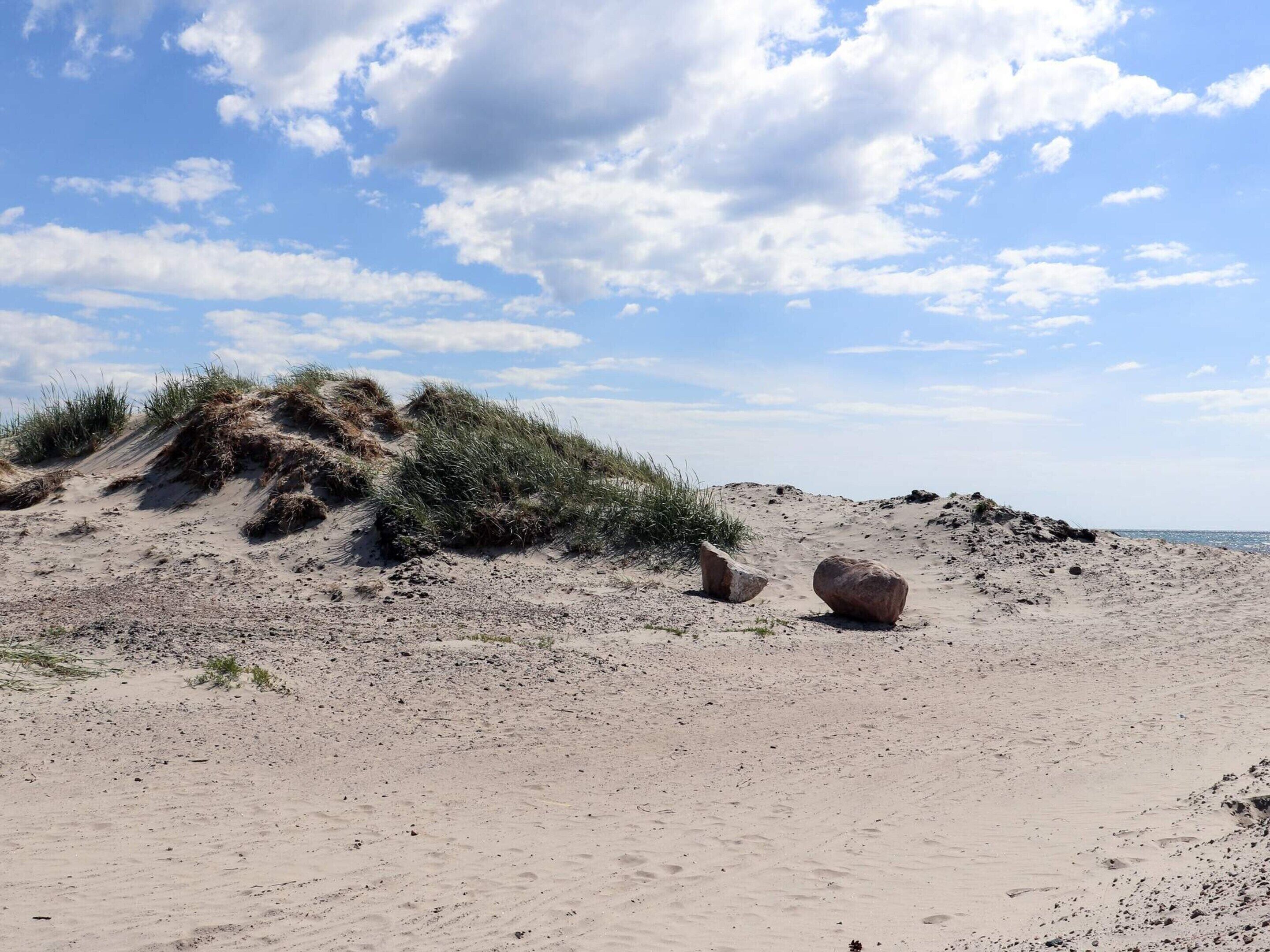 A sandy beach with dunes and scattered rocks.