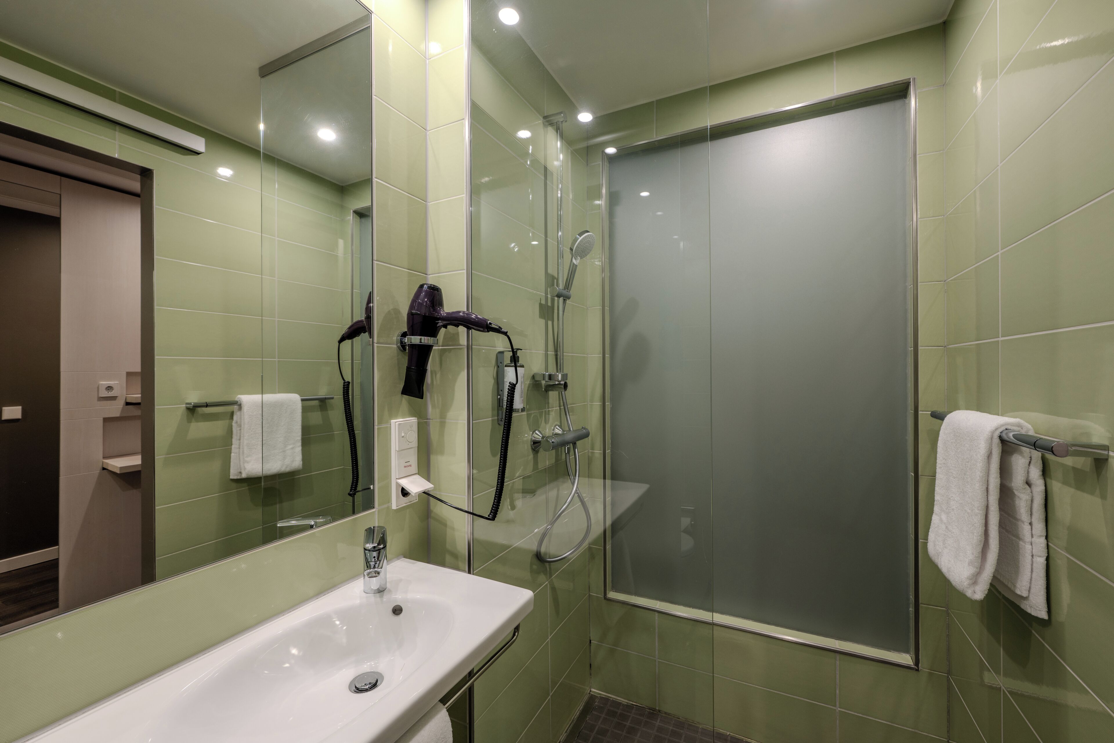 Hair dryer, towels, soap, shampoo